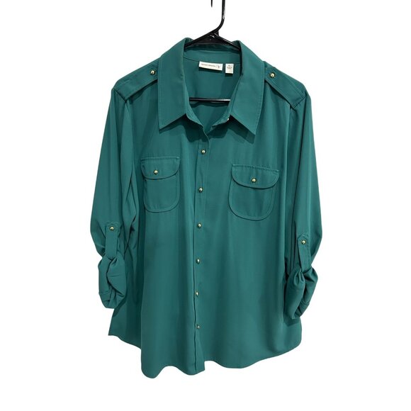 Susan Graver Roll Sleeve Button Front Shirt Teal Sz XL Career Business Casual - Picture 1 of 9